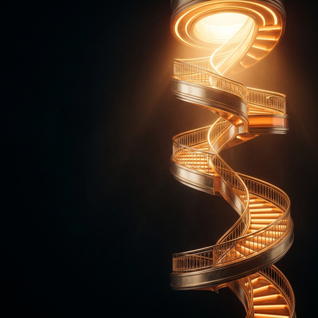 A golden staircase ascending out of darkness toward the light